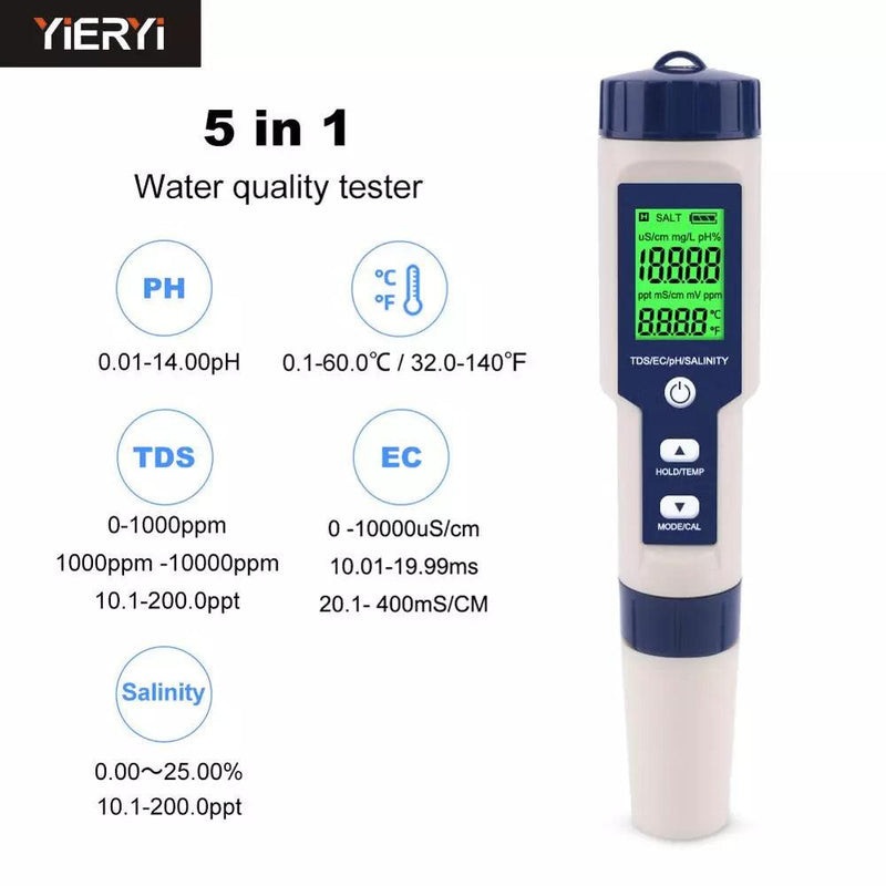 Medidor digital de qualidade da água, 5 em 1, tds/ec/ph/salinidade/temperatura, testador para piscinas, água potável, aquários