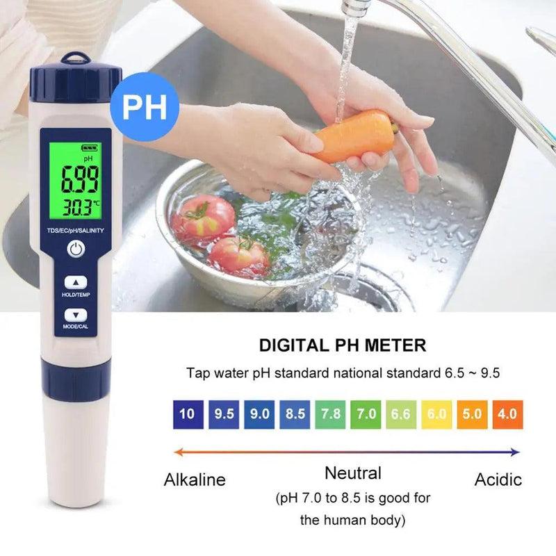 Medidor digital de qualidade da água, 5 em 1, tds/ec/ph/salinidade/temperatura, testador para piscinas, água potável, aquários