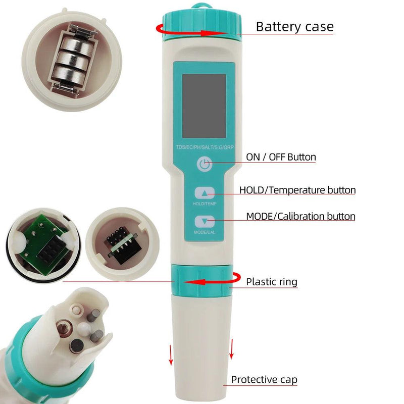 Medidor de Temperatura e Monitor de Qualidade da Água, Testador IP67 Para Água Potável, Modelo: COM-600,  PH -TDS-EC-ORP-Salinidade S.G., Medidor de pH de Aquários